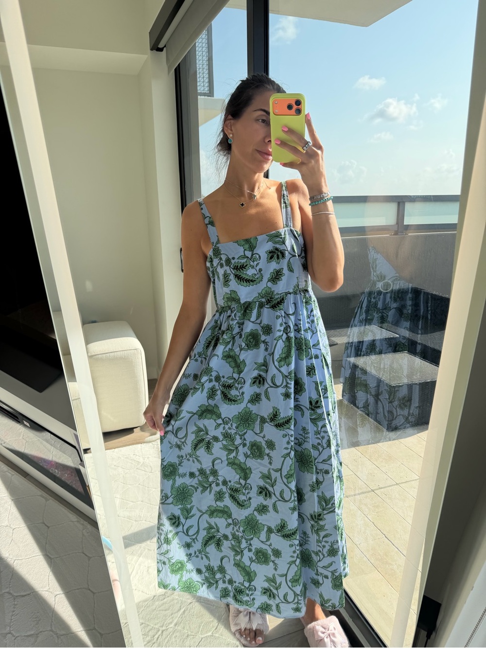 Zara Light Blue Maxi Dress with Green Floral Print